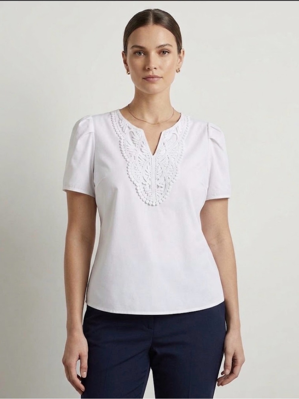 Shein Curve Lacy V-Neck Puff Sleeve White Womens Blouse 1X